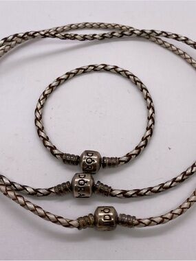 Vintage Pandora Braided Leather Necklace & Bracelet - White and Brown